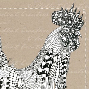 May include: A black and white line drawing of a rooster with intricate patterns and details. The rooster's comb, wattle, and feathers are all decorated with geometric shapes and swirls.