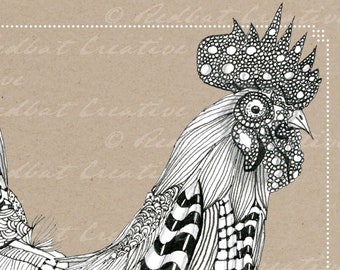 Blanco Notecard/wenskaart met Zentangle haan tekening
