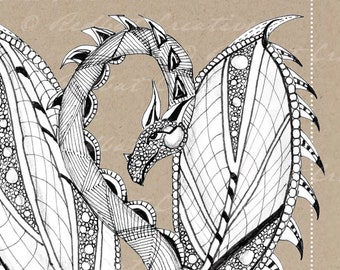 Blanco Notecard/wenskaart met Zentangle Dragon tekening