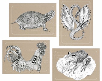 Set van 4 blanco notitiekaarten/wenskaarten met Zentangle tekeningen