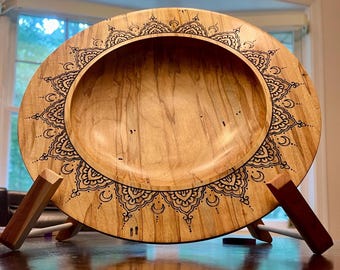 Hand-Turned Spalted Maple Wood Bowl | Etched Mandala Design | Decorative Fruit Bowl | Handmade Centerpiece Gift