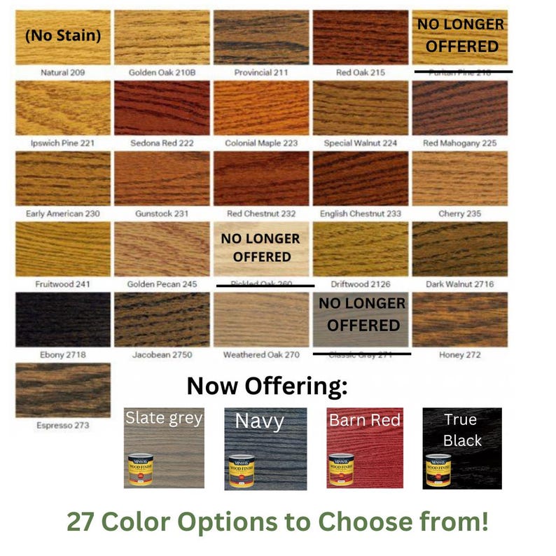 May include: A chart of 27 wood stain colors, with the text "No Stain", "No Longer Offered", and "Now Offering". The chart shows a variety of wood stain colors, including natural, golden oak, provincial, red oak, Ipswich pine, Sedona red, colonial maple, special walnut, red mahogany, early American, gunstock, red chestnut, fruitwood, golden pecan, ebony, Jacobean, weathered oak, English chestnut, cherry, driftwood, dark walnut, honey, espresso, slate grey, navy, barn red, and true black.