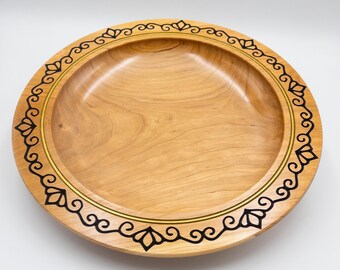 Hand Turned Cherry Wood Bowl | Etched Scroll Design with Gold Inlay | Decorative Fruit Bowl | Handmade Centerpiece Gift