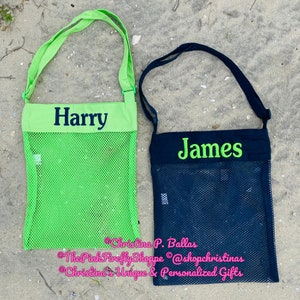 May include: Two green and black mesh bags with adjustable straps. The bags have the names "Harry" and "James" embroidered on them.