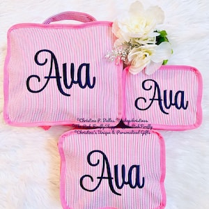 Personalized Pink or Navy Seersucker Packing Cubes: Embroidered Travel Set