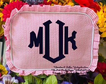Pink Seersucker Ruffle Cosmetic Bag | Personalized Monogram Makeup Bag | Embroidered Toiletry Pouch | Bridesmaid Gift | FREE/FAST Shipping