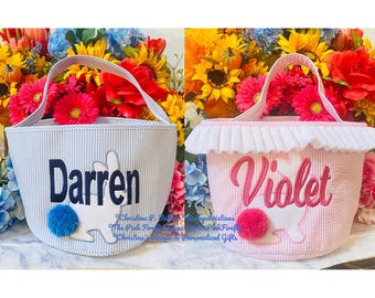 Seersucker Easter Basket Pink or Blue with Bunny & Pom Pom Tail Personalized | Embroidered Easter Basket | FREE/FAST Shipping