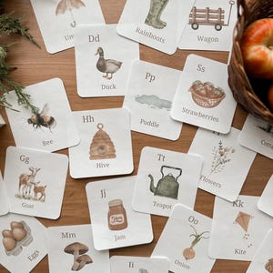 cartes alphabétiques cottagecore pour enfants | cadeaux pour tout-petits | activité école à la maison | cartes abc | Ressource imprimable pour l'école à la maison à téléchargement immédiat