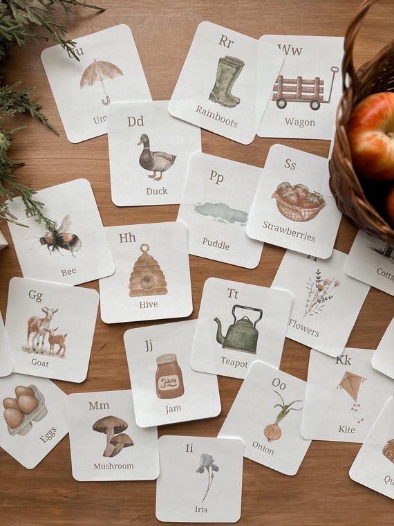 cottagecore abc flashcards for toddlers | nature alphabet learning cards | vintage preschool homeschool printable