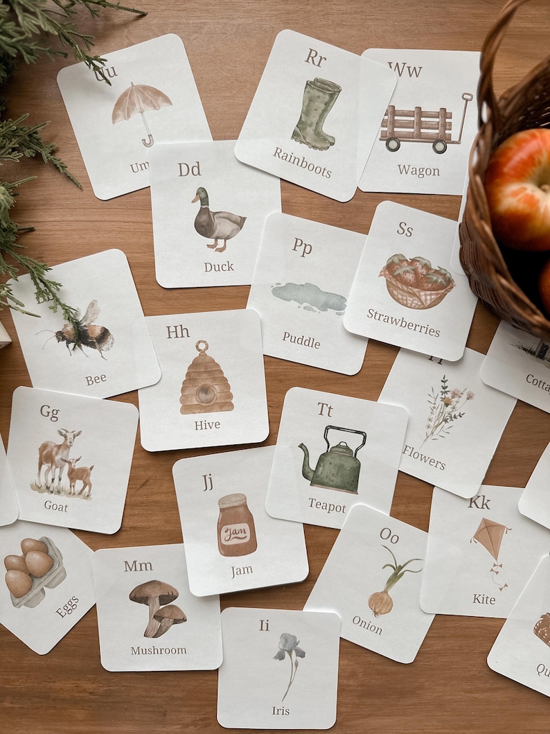 May include: A set of alphabet flash cards featuring illustrations of various objects, such as a bee, a hive, a duck, a wagon, a teapot, a kite, a mushroom, and an onion. Each card has a letter and a word printed on it.