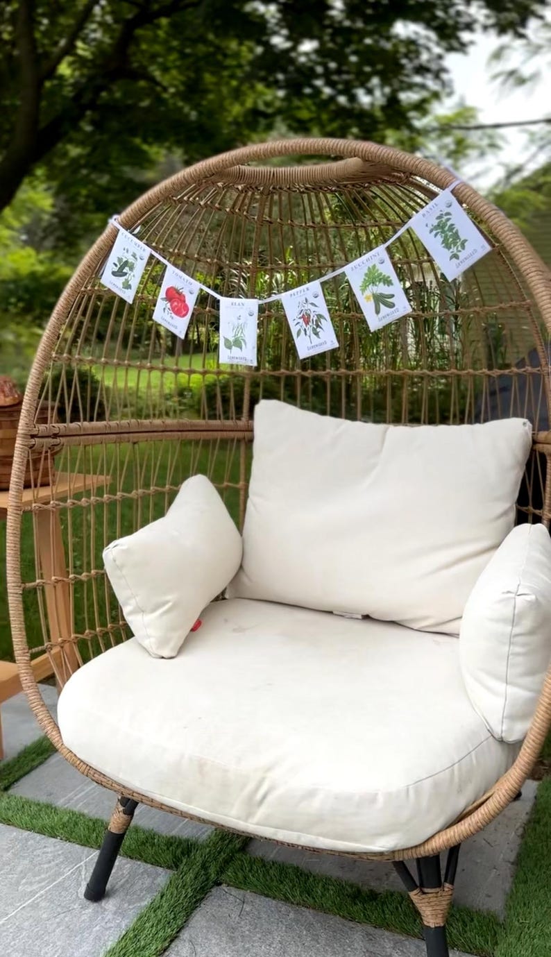 May include: A woven wicker egg chair with a cream-colored cushion and pillows. A banner of illustrated plant cards hangs above the chair. The chair is set outdoors on a patio with artificial grass.