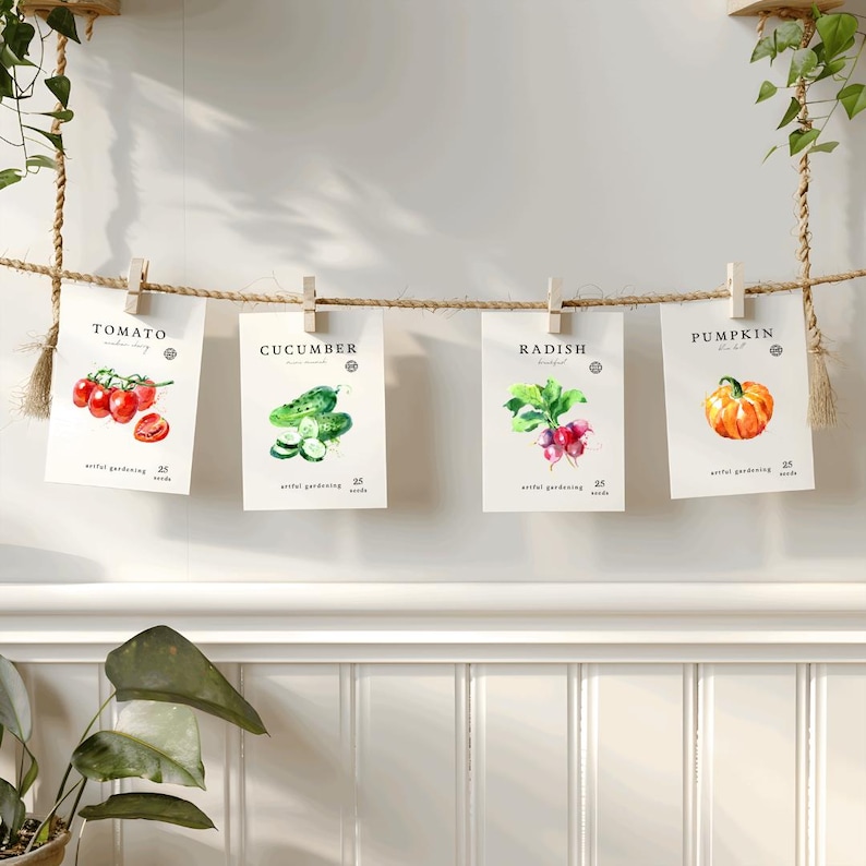 May include: Four seed packets for tomato, cucumber, radish, and pumpkin are clipped to a rope. Each packet features a watercolor illustration of the vegetable and the text "artful gardening" and "25 seeds". The packets are suspended against a white wall.