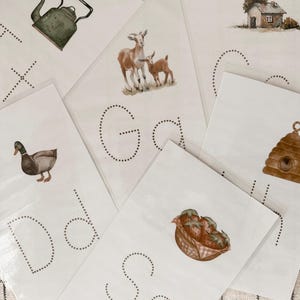 Schede di ricalco per bambini piccoli in stile Cottagecore / stampabili ispirate al metodo Montessori / esercizi di pre-scrittura / tema natura ABC 123 / abilità motorie fini in età prescolare