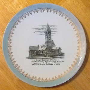 Plate, First Baptist Church, Kansas City, Missouri; pic of 1879 bldg, hanger included