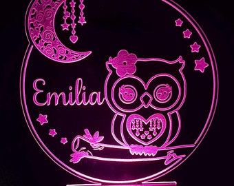 Personalized Owl Night Light: Engraved LED Lamp with Remote