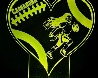 Personalized Flag Football Girl LED Lamp: Custom Engraved Night Light