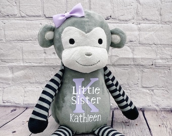 Personalized Little Sister gift Stuffed animal Birth announcement monkey sibling plush baby gift pregnancy keepsake, new mom, baby shower