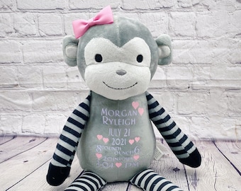 Stuffed animal Birth announcement monkey Personalized baby girl gift birth stats plush baby gift newborn keepsake, new mom, baby shower