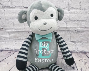 Personalized Big brother gift Stuffed animal Birth announcement monkey sibling plush baby gift pregnancy keepsake, new mom, baby shower