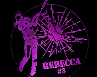 Personalized Softball Player LED Lamp: Engraved Night Light with Remote