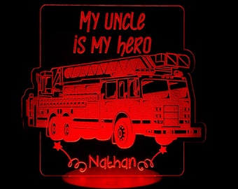 Personalized Fire Truck Night Light: Engraved LED Lamp, Fireman Gift