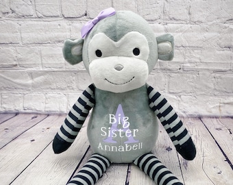 Personalized big sister gift Stuffed animal Birth announcement monkey sibling plush baby gift pregnancy keepsake, new mom, baby shower