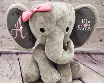 Personalized Big sister plush Pregnancy announcement elephant stuffed animal baby gift, sibling gift, keepsake, new mom, maternity