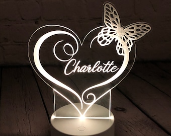 Personalized Name lamp Butterfly Heart Nightlight gift light up engraved custom LED