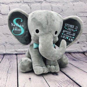 baby birth announcement elephant plush stuffed animal details stats baby gift newborn gift, keepsake, new mom,  baby shower, personalized