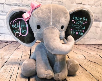 Personalized Plush Elephant: Birth Announcement Stuffed Animal Keepsake