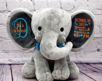 Personalized baby gift boy Stuffed animal Birth announcement elephant birth stats plush baby gift newborn gift, keepsake,new mom,baby shower