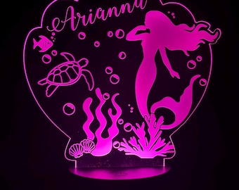 Personalized Mermaid Night Light: Engraved LED Lamp with Remote