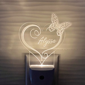 Personalized Heart & Butterfly LED Night Light - Engraved Name Gift