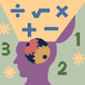 Può includere: Una silhouette viola di una testa umana con ingranaggi all'interno, che rappresentano il cervello. Sopra la testa ci sono simboli matematici, tra cui divisione, radice quadrata, moltiplicazione, addizione e sottrazione. I numeri 1, 2 e 3 sono visibili intorno alla testa.