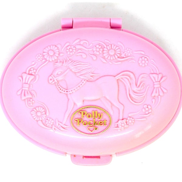 Vintage Polly Pocket Bluebird Mattel Shetland Pony Stables Pink Embossed Compact Miniature Playset Sparkle Pony Horse