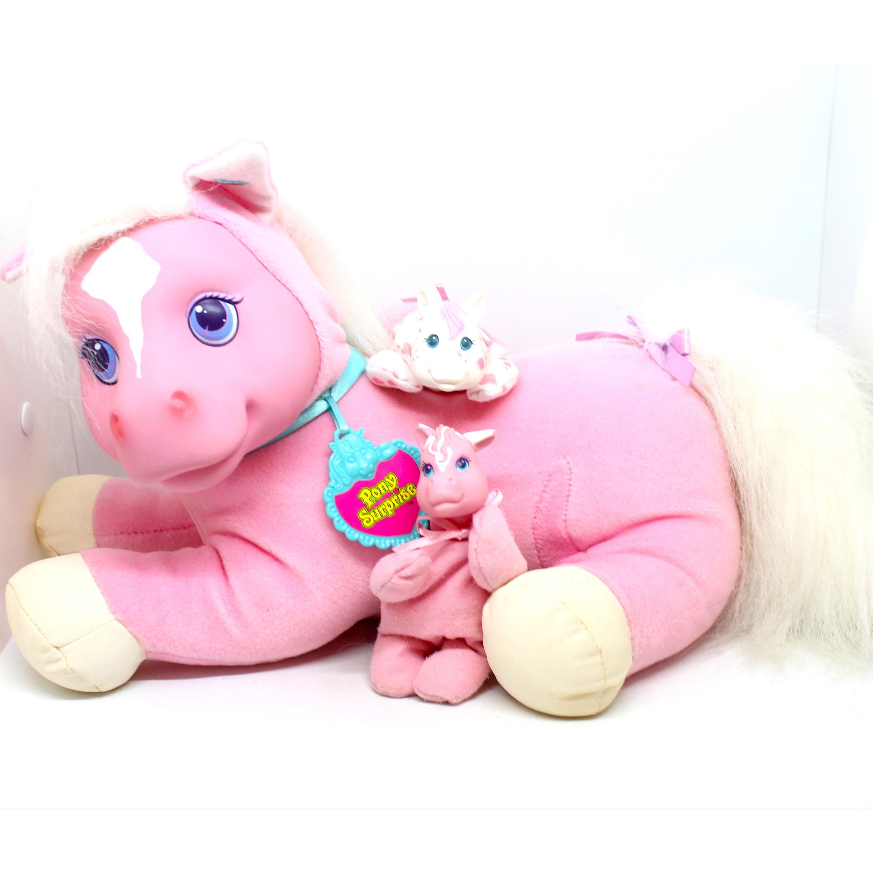 Vintage Hasbro Pony Surprise Mom with 2 Babies Plush Stuffed Animal Pink Whtie Horse Original 90s Kid's Toy Collectible Original Collar