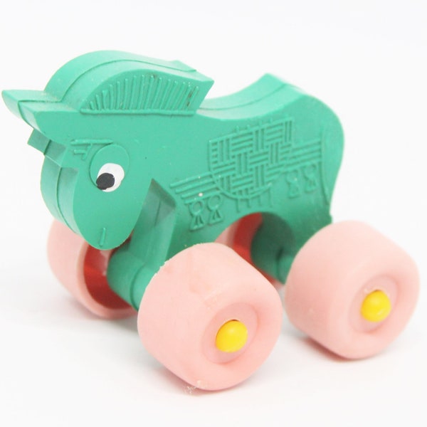 Vintage Small Push Pony Horse Made in West Germany Green Donkey Pink Wheels Rubber Action Figure Toy 2" 5 cm Kitsch Kitschy