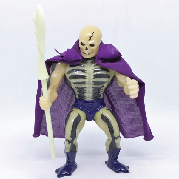 Vintage Mattel MOTU Masters of The Universe Scareglow Scare Glow figurine articulée complète hallebarde rougeoyante violette Cape personnel faux Rare