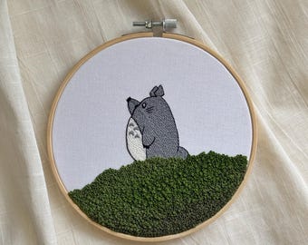 Hand-Embroidered Totoro Hoop Art – Studio Ghibli Inspired Decor