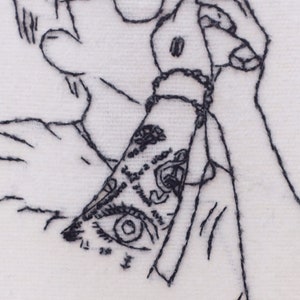 May include: Black and white embroidered image of a person's arm with a detailed eye tattoo. The arm is bent at the elbow and the hand is holding a spray can.