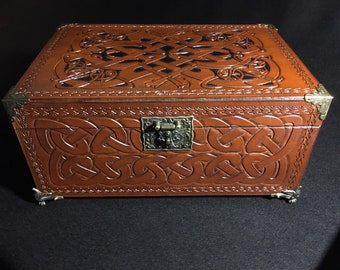 Hand carved leather jewellery box/ celtic jewellery box/ trinket box/ hand carved leather trinket box.