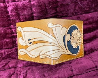 handmade carved leather wallet/ mens wallet/ bi-fold wallet/ carved leather wallet/ mens gift/ mens wallet