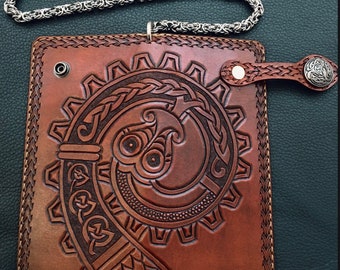 Men’s leather wallet, biker wallet, handmade wallet, hand carved wallet, trucker wallet, long wallet.