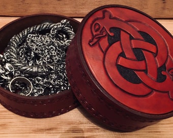 Hand carved leather jewellery box/ celtic jewellery box/ trinket box/ hand carved leather trinket box.