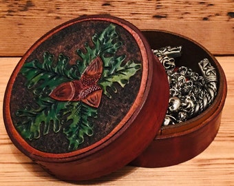 Hand carved leather jewellery box/ celtic jewellery box/ trinket box/ hand carved leather trinket box.