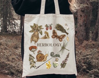 Vintage Herbology Tote Bag Natural Tote Bag Sustainable Gifts Wizard School Bag Aesthetic Tote Bag Canvas Tote Bag Wizard School Print