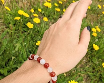 Red & White Glass Beaded Bracelet Zodiac Cat, Sizes 6-12 inch