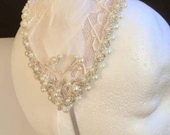 Wedding bridal pearl , lace and white feather headband