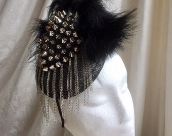 Rock inspired hat, Headpiece, black and silver stud and feather.