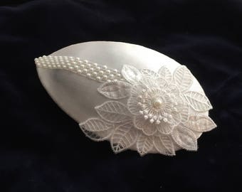 Stunning white bridal headpiece , handmade in ireland, with pearl and flower appliqué.